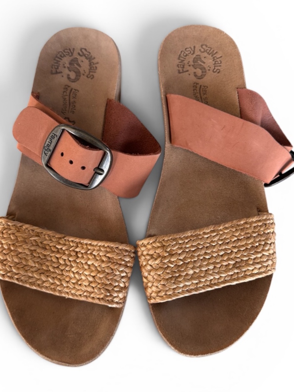 Fantasy Sandals Leather Slide Sandals Coral Raffia Comfort Sandals Women's